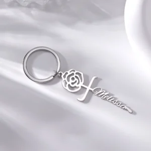 Personalize Cursive Name With Flower Metal Keychain (KC-20)